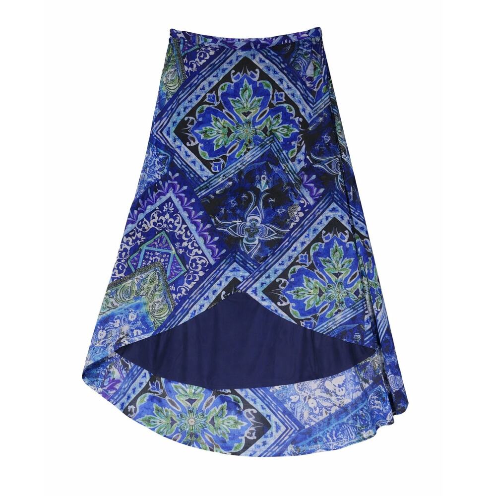 Chicos Faux Wrap Maxi Skirt Womens Size 1 or S Blue Floral Lined Pull On Boho